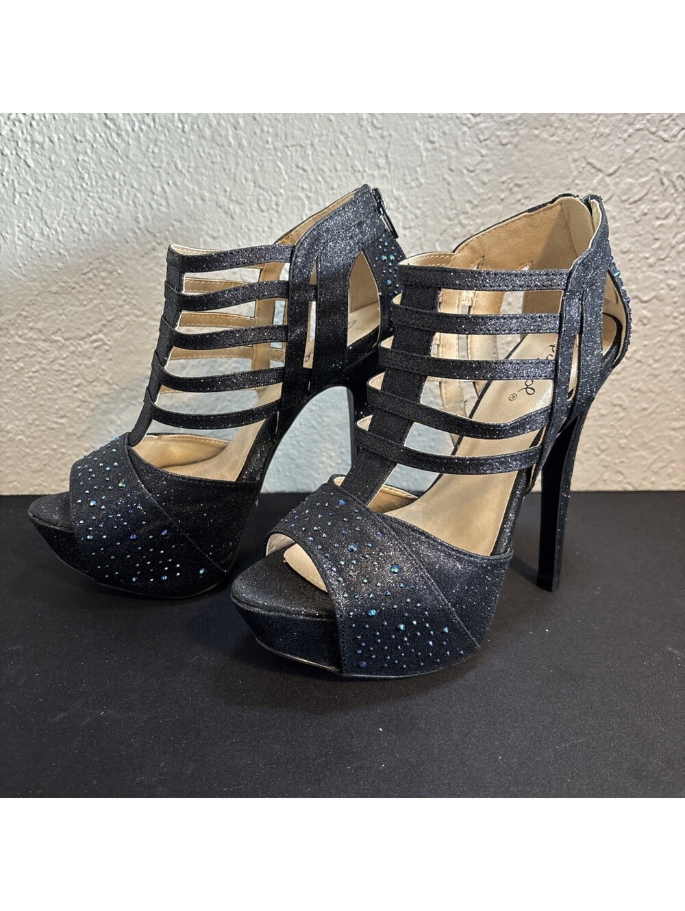 Qupid Strappy Glitter Platform Heels Size 6 Black Shimmer Cage Stilettos